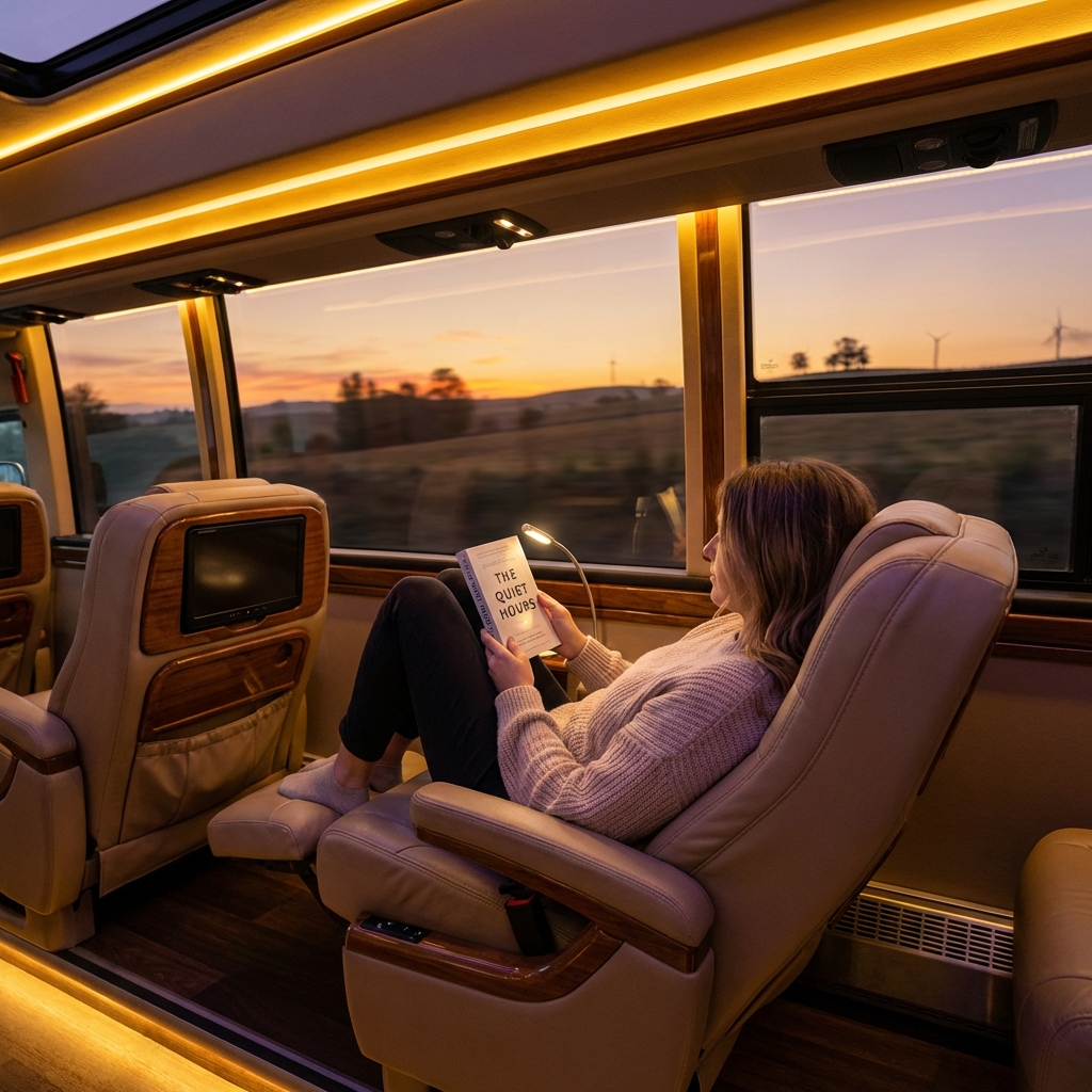 Persona leyendo en autobús cómodo
